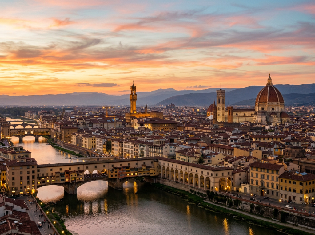 Panoramic view of Florence at sunset showing the Arno River, Ponte Vecchio bridge, Palazzo Vecchio, and Florence Cathedral dome