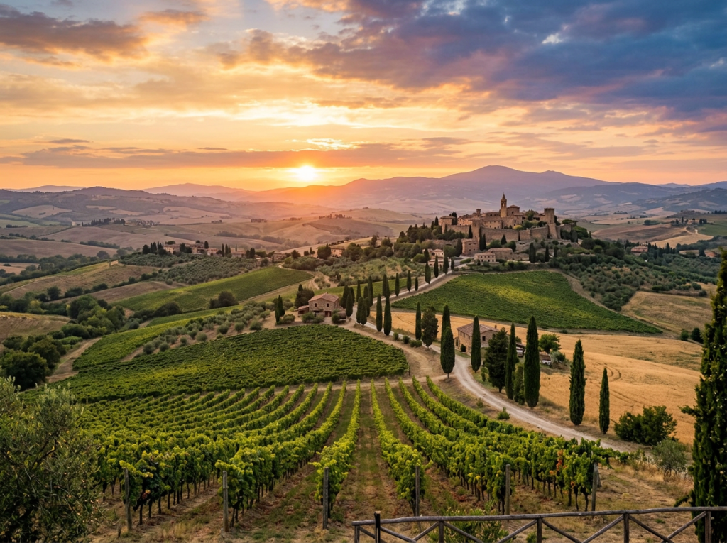 Tuscan vineyard rows leading to a hilltop village at sunset with rolling hills in the distance