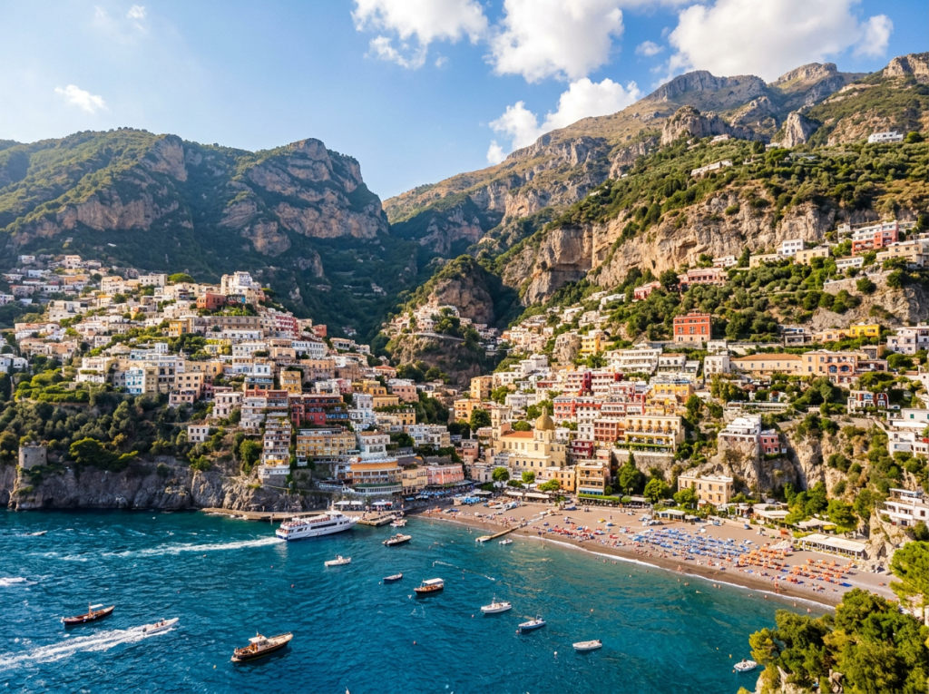Cliffside town with colorful houses, beach with umbrellas, and boats in blue harbor water