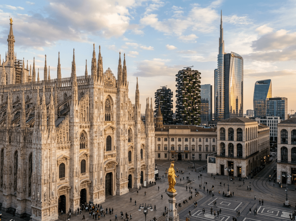 Milan Cathedral and modern skyscrapers with people in square at sunset