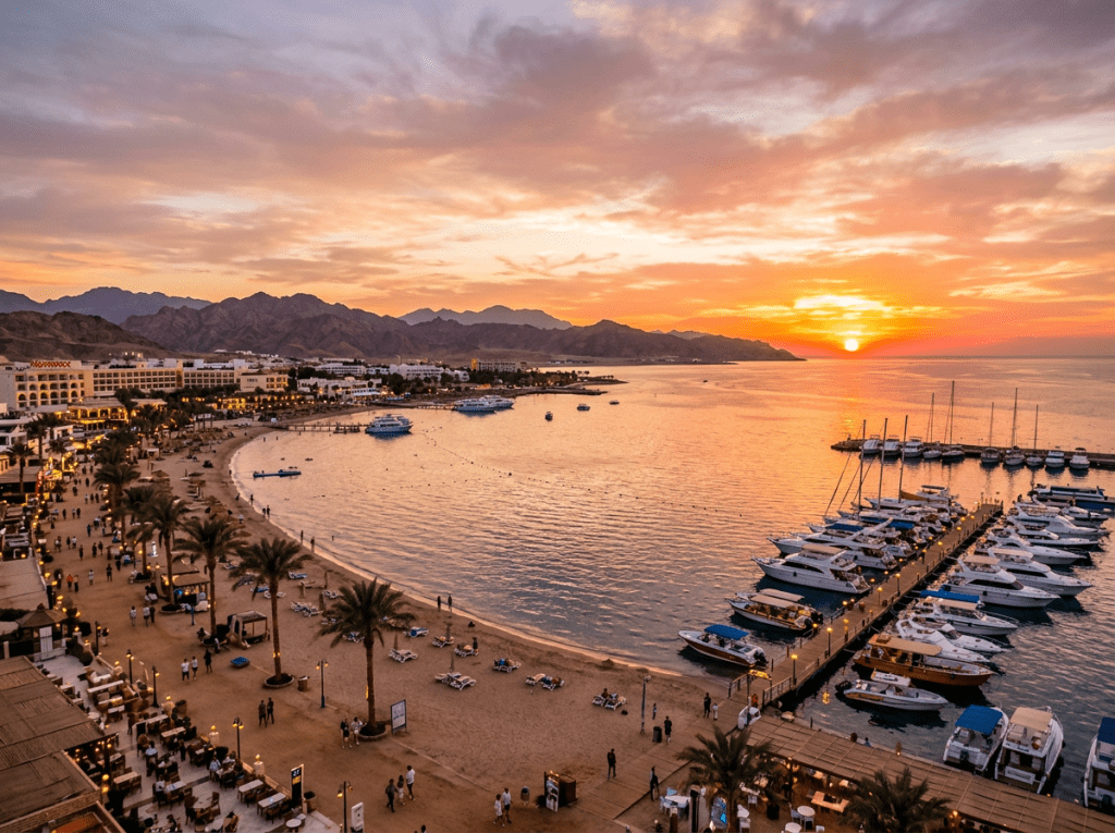 Sunset over a marina with boats and a beach lined with palm trees and buildings