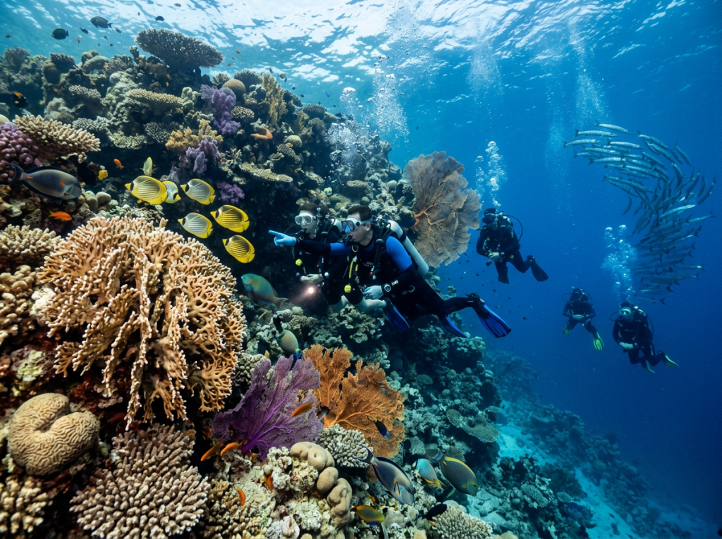 Scuba divers swimming near a coral reef with various colorful fish and corals