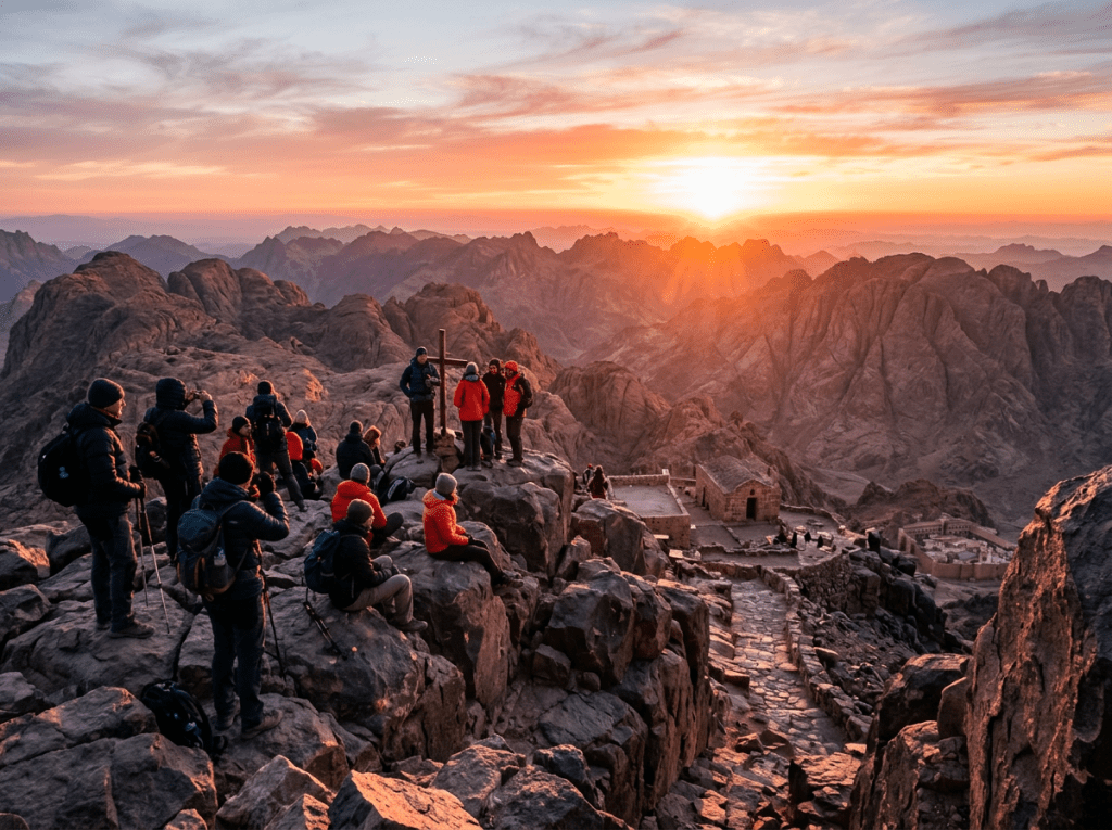 Group of hikers on rocky mountain summit watching sunrise over rugged peaks and ancient stone buildings