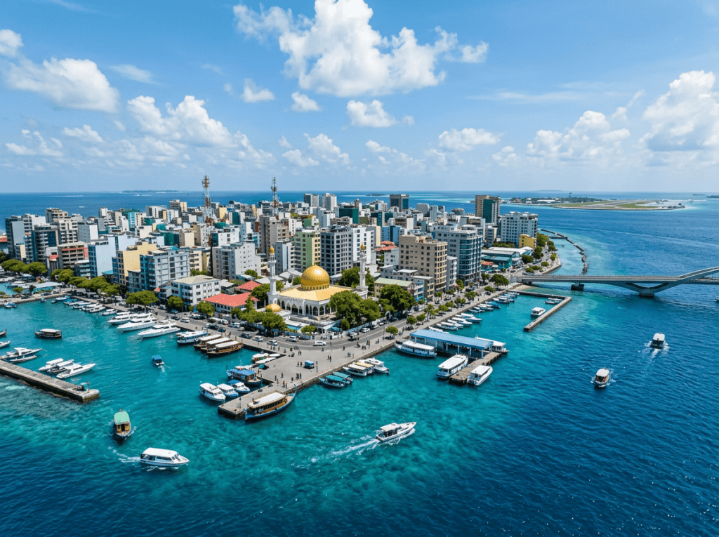 Island city with golden-domed mosque, buildings, harbor and boats in clear blue water