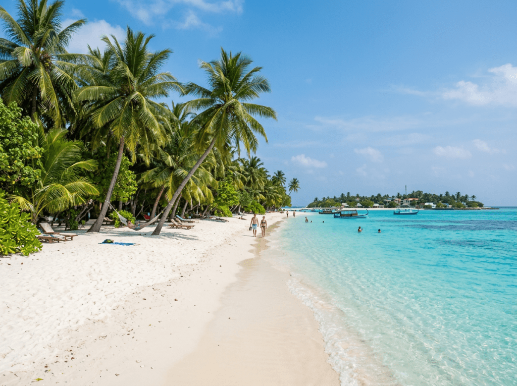 Sandy tropical beach with palm trees, people walking and swimming, clear turquoise ocean, and boats near a small island