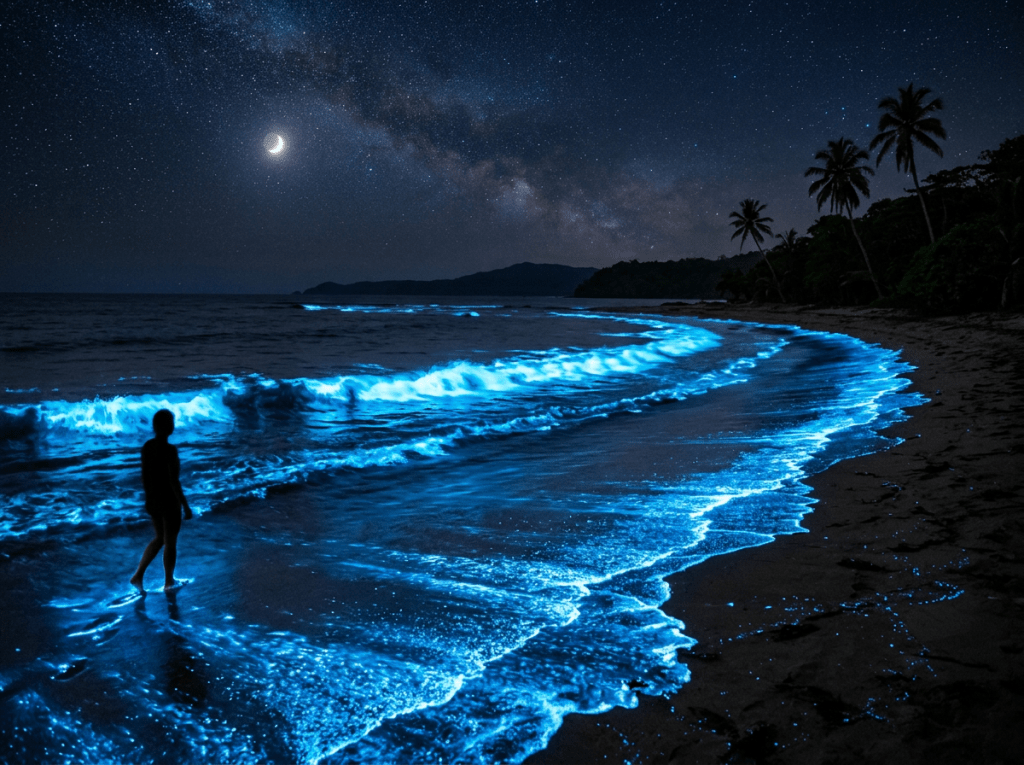 Person standing in glowing blue bioluminescent waves on a beach at night with crescent moon and stars
