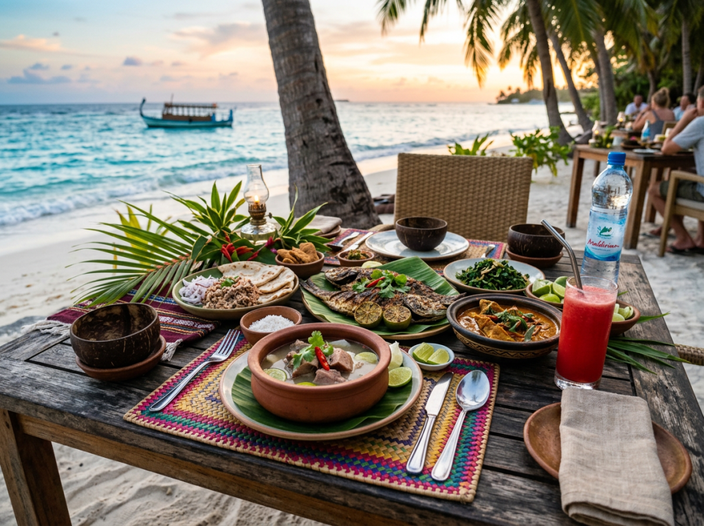 Traditional meal with fish, curry, drinks, and garnishes on a beachside table at sunset