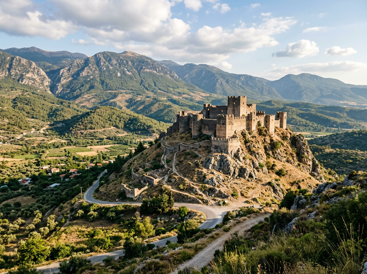 Stone medieval castle on rocky hill with mountainous landscape and forest