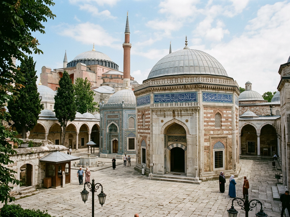 Ottoman mosque courtyard with domed buildings, arches, and visitors walking.