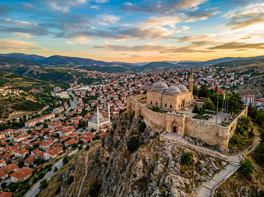 Historic stone castle on rocky hilltop overlooking town with red-roofed buildings under a colorful sunset sky