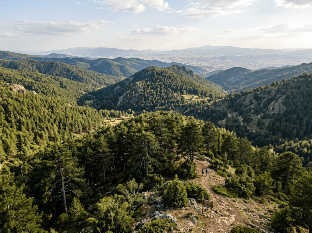 Two hikers on a dirt trail in a green forested mountainous area under a partly cloudy sky