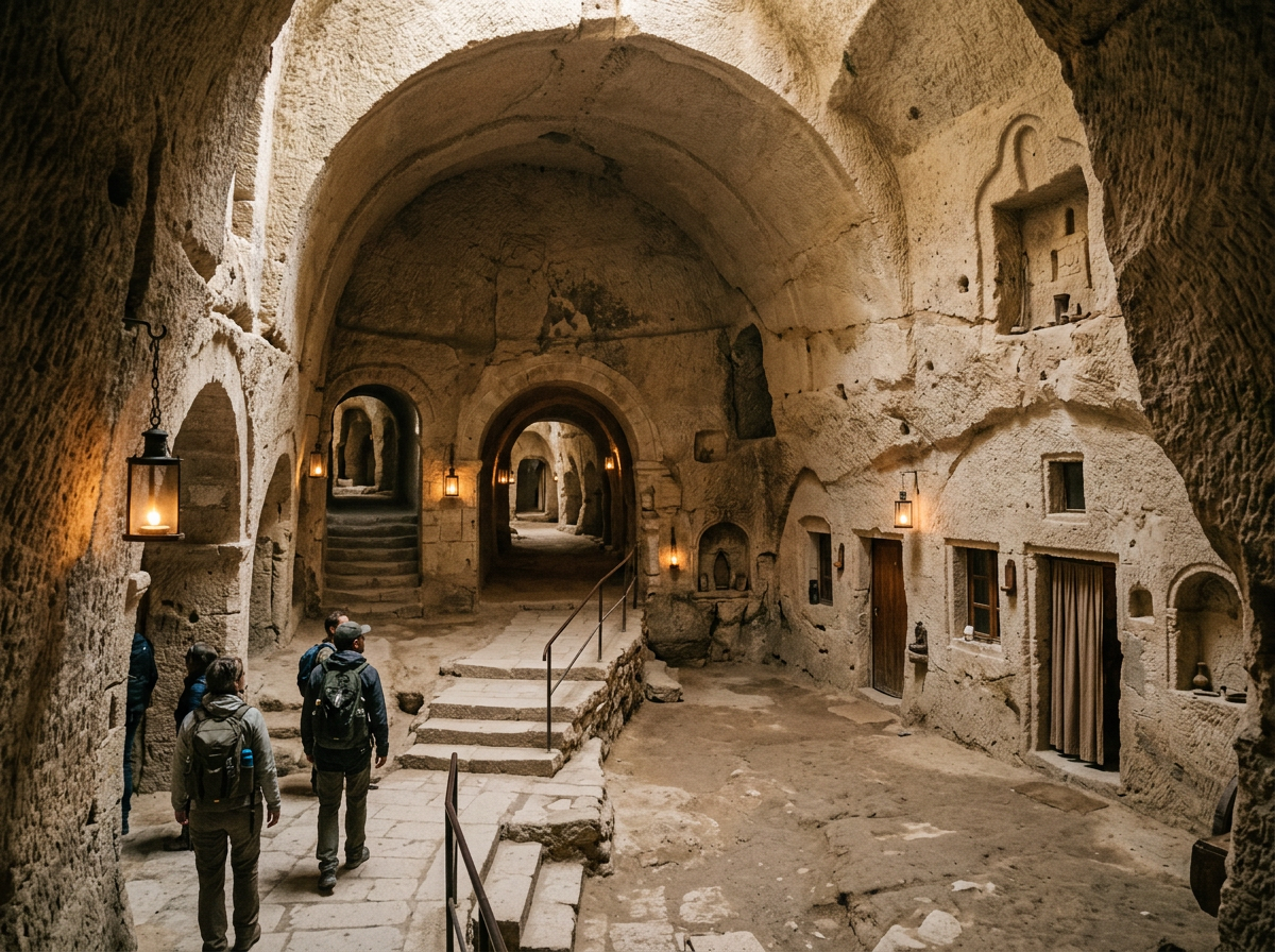 Group of people walking inside an ancient cave complex with arched doorways and lanterns