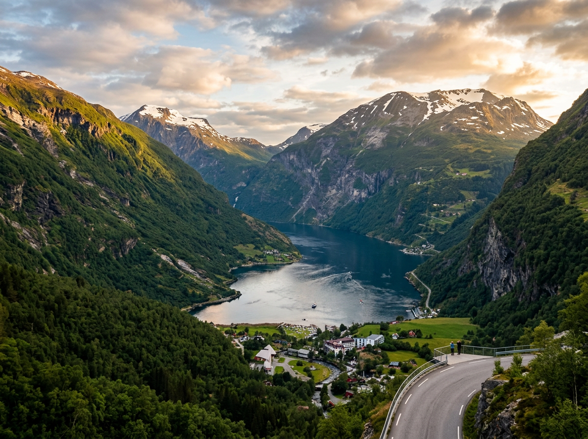 Fjord with village at base surrounded by green mountains and snow patches