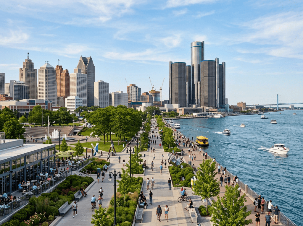 Crowded urban riverwalk with pedestrians, boats on the river, and Detroit skyline