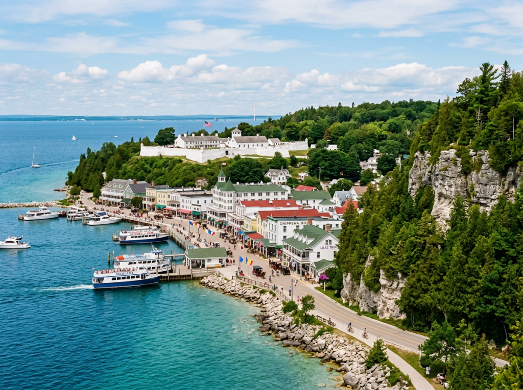 Harbor with ferries docked, waterfront historic buildings, and a white fort atop a hill