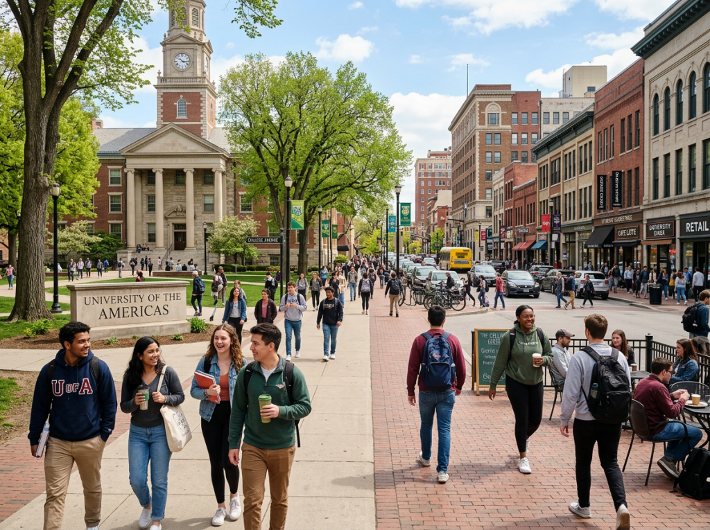University campus sidewalk with students walking, chatting, and carrying books