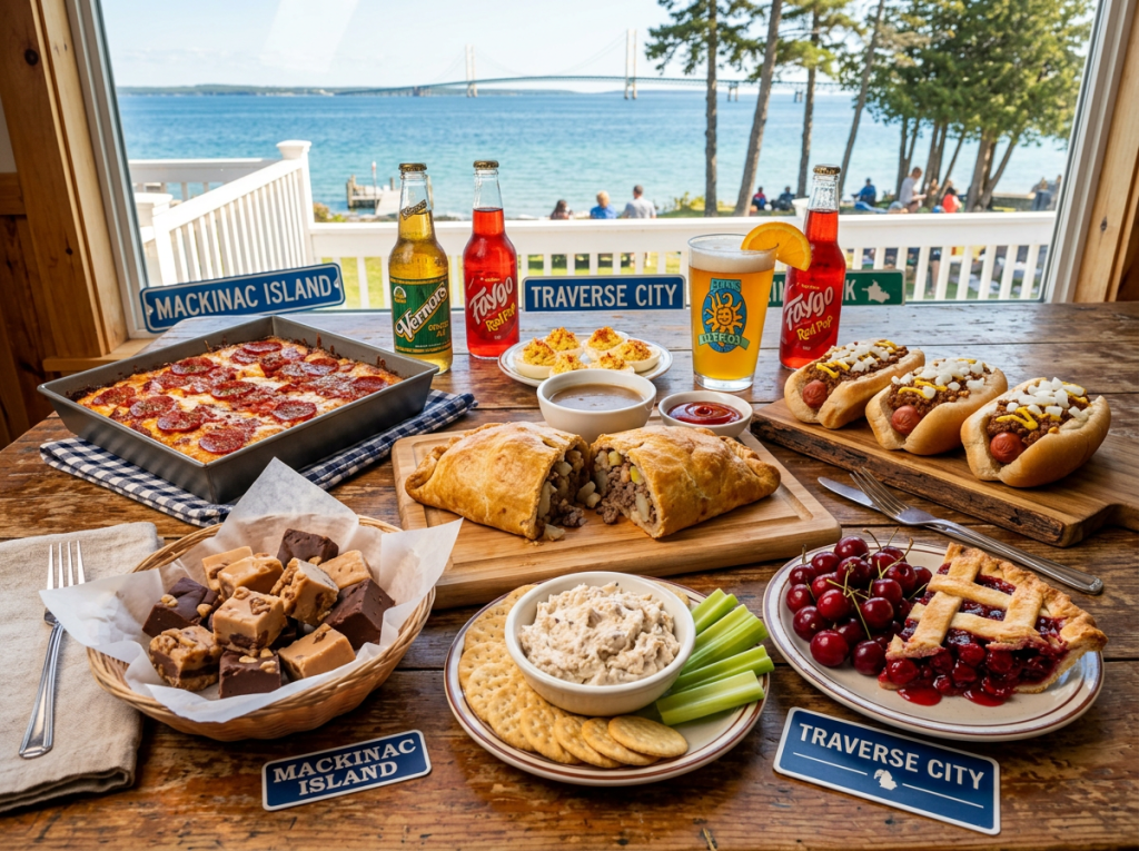Michigan foods including pepperoni pizza, pasties, hot dogs, fudge, dips with crackers and celery, deviled eggs, cherries, pie, and local drinks on a wooden table with a lake view.