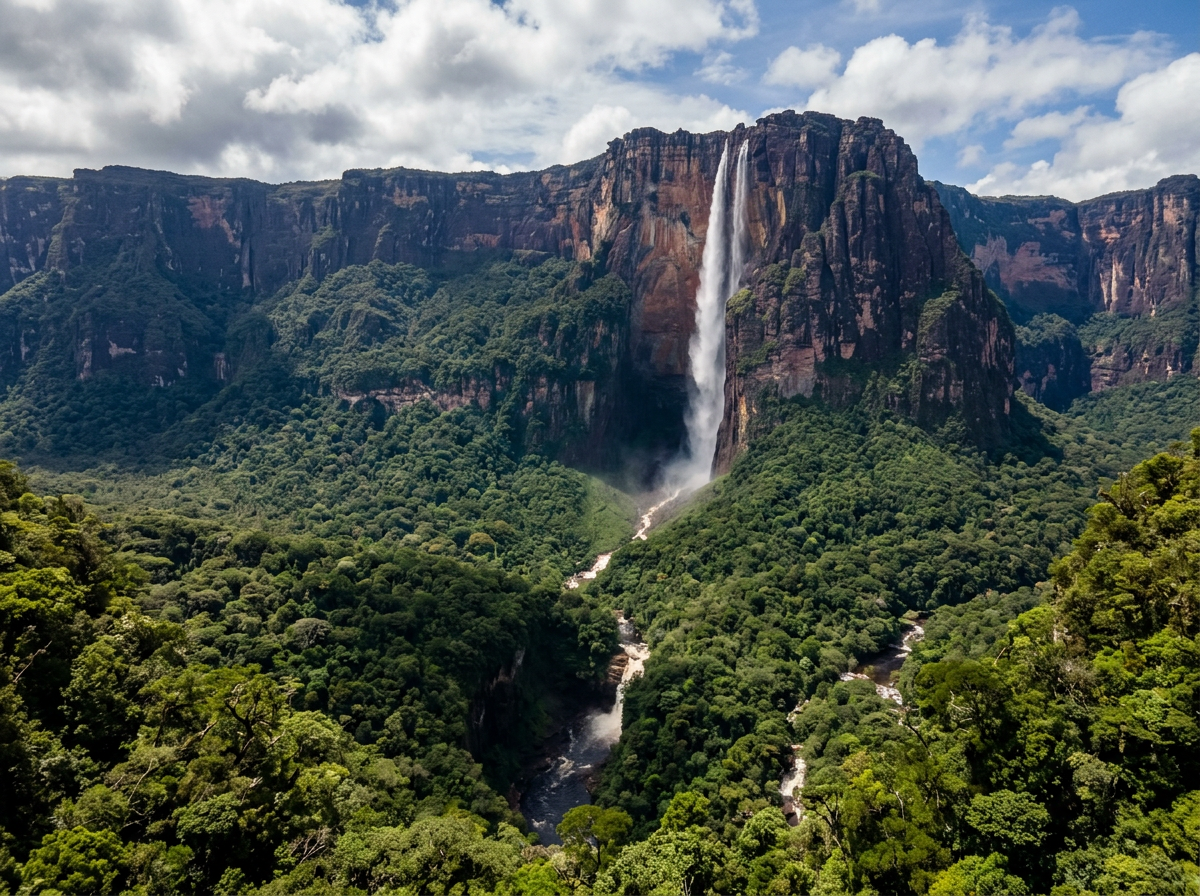 Tall Angel Falls waterfall dropping from mountain cliffs into dense green forest and river below.