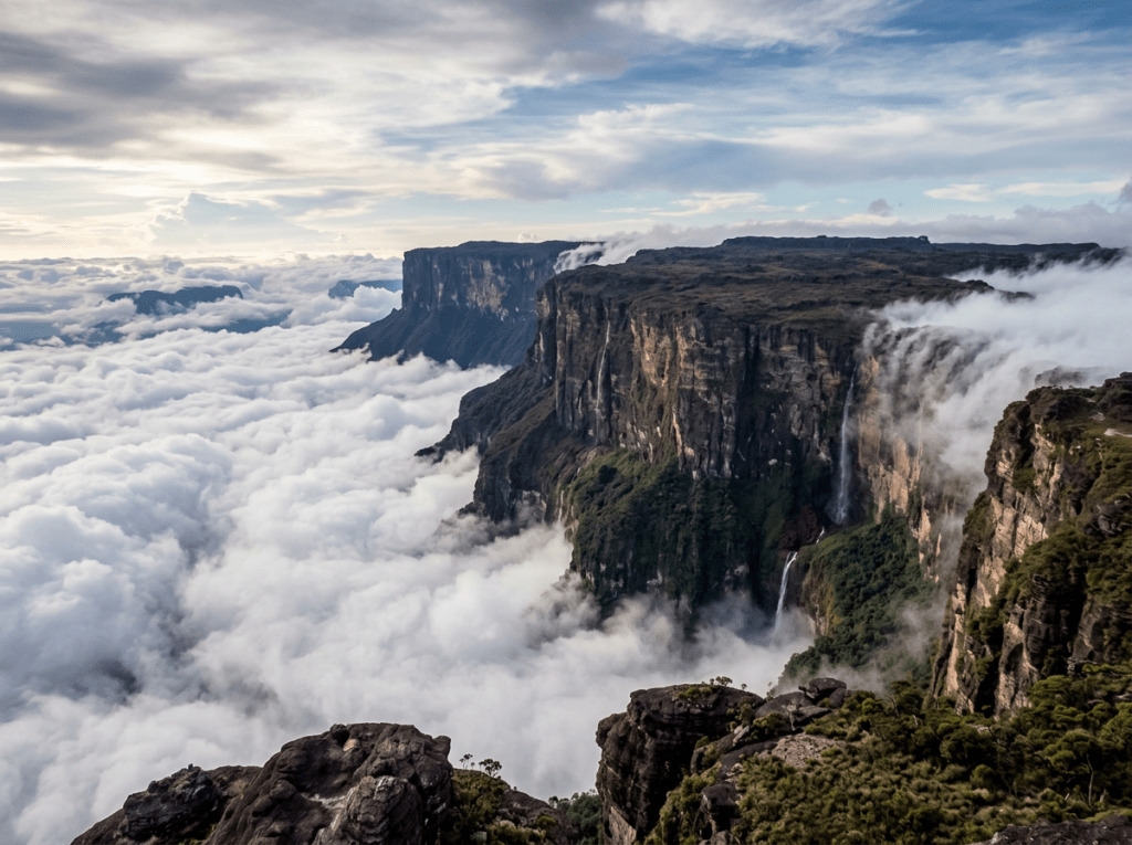 Cliffs with waterfalls flowing through mist and clouds