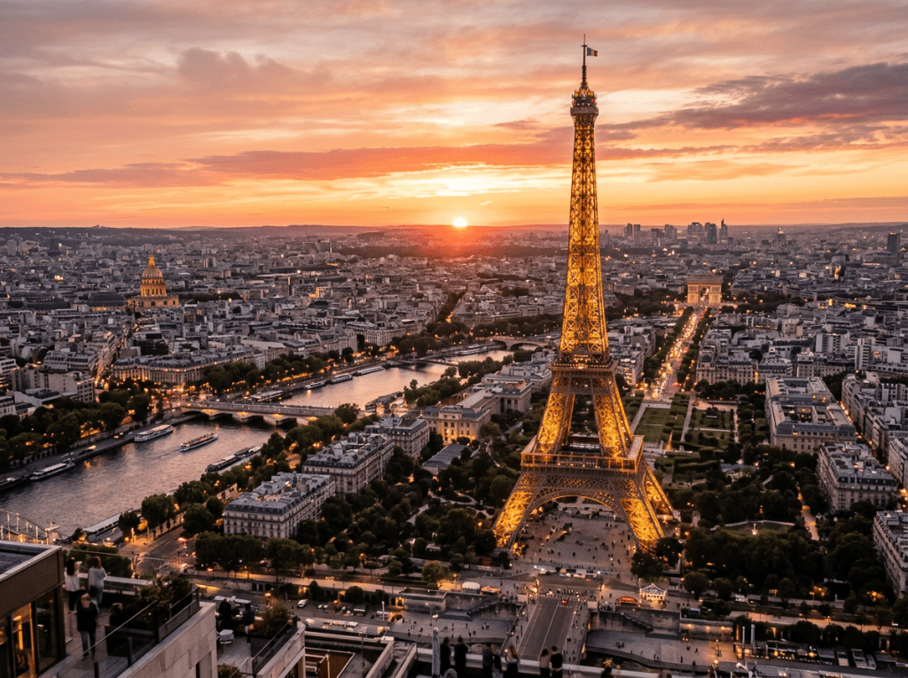 Eiffel Tower illuminated at sunset with Paris cityscape and Seine River
