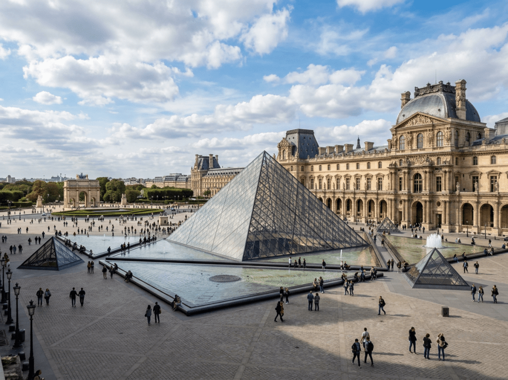 Glass pyramid entrance at the Louvre Museum courtyard with visitors walking around
