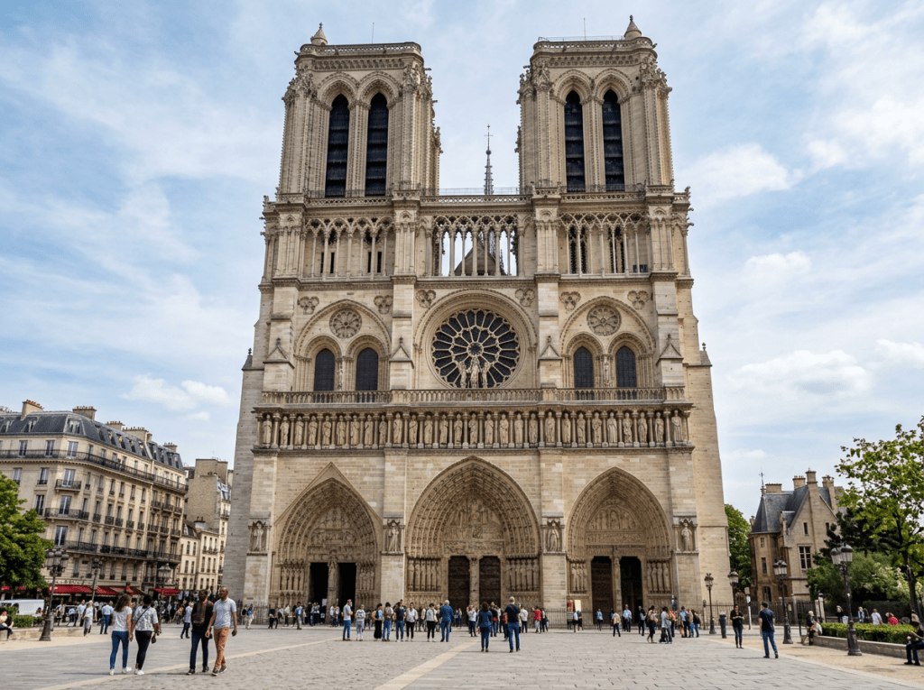 Front view of Notre-Dame Cathedral with people walking and standing outside