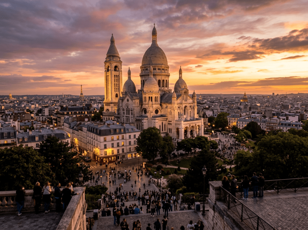 Sacré-Cœur Basilica in Paris at sunset with crowd and cityscape
