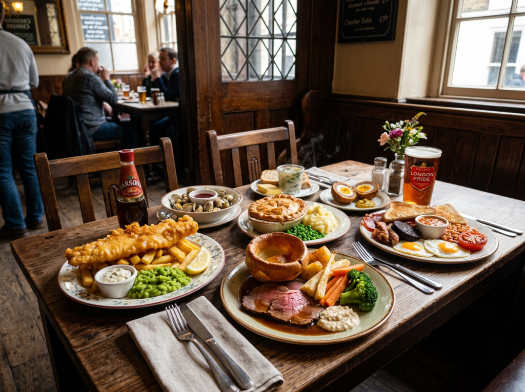 Several plates with British pub meals including fish and chips, roast dinner, full English breakfast, and a pint of London Pride ale