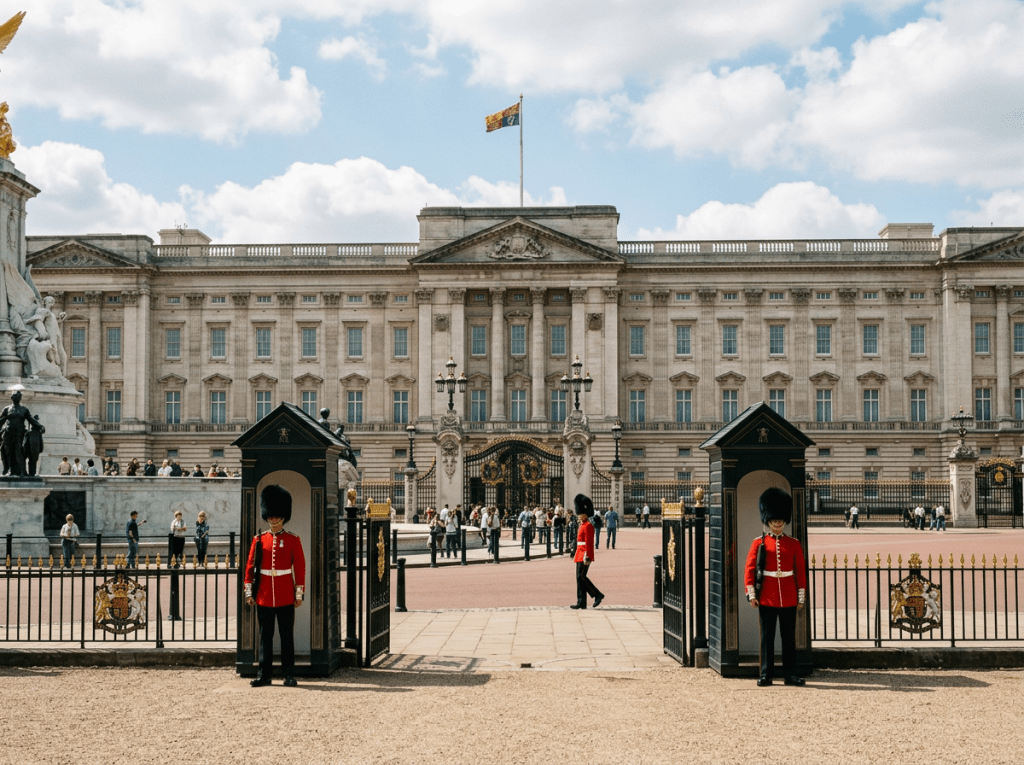 Two Queen's Guard soldiers in red uniforms and bearskin hats standing at guard posts outside Buckingham Palace