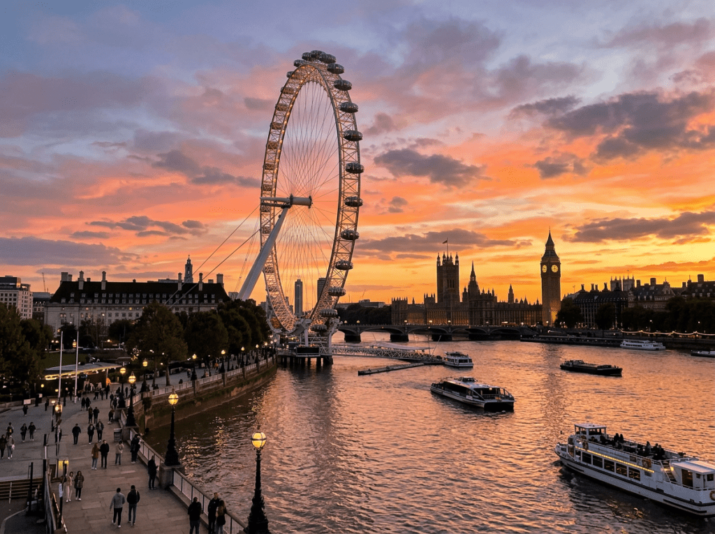 London Eye next to River Thames at sunset with Big Ben and Houses of Parliament in background
