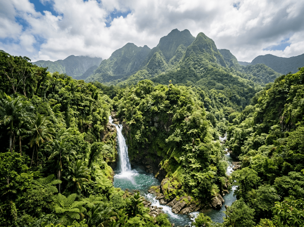 Waterfall flowing into a river in a dense tropical rainforest with mountains in the background