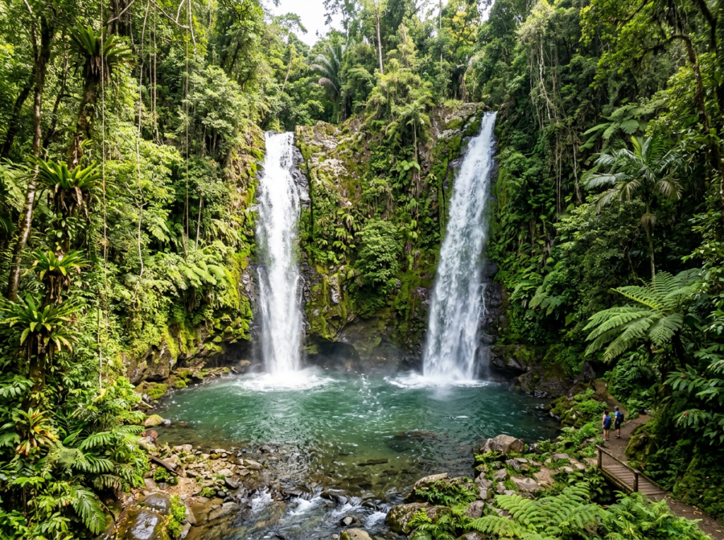 Twin waterfalls flowing into a clear green pool in a dense tropical forest with two people standing on a wooden path nearby