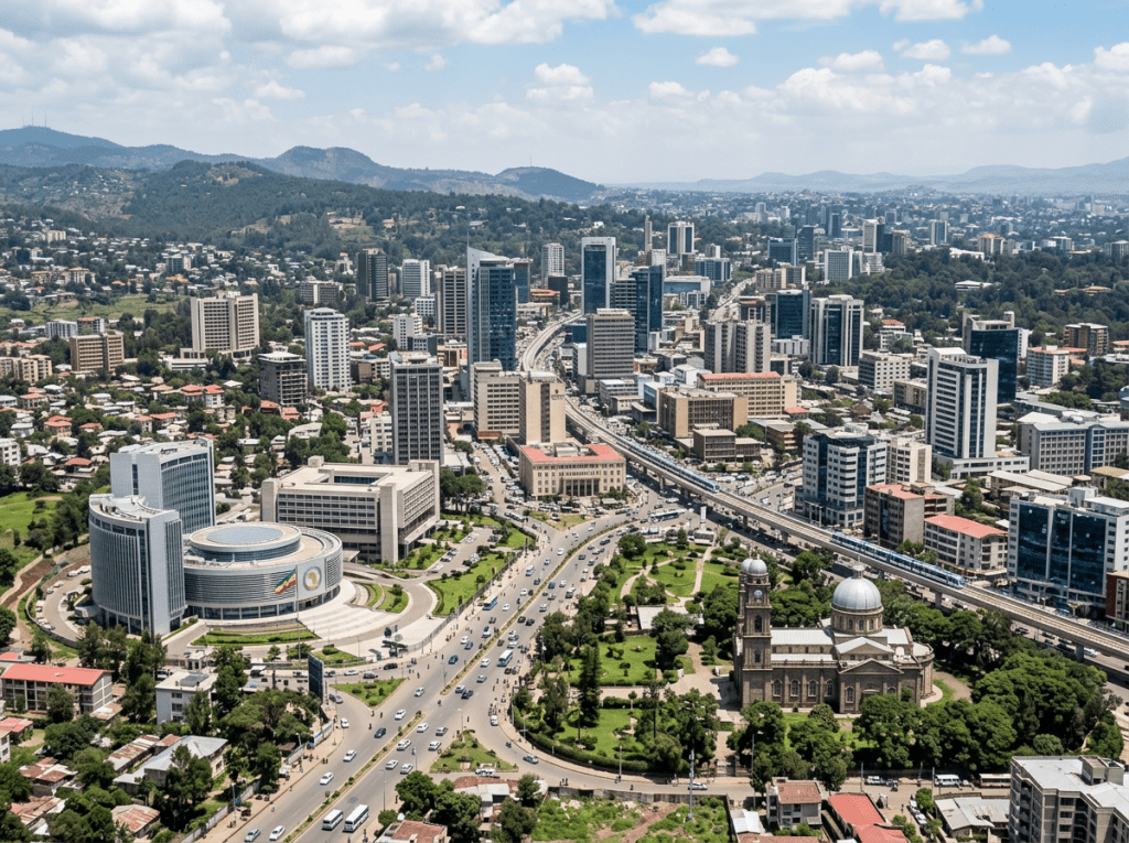 Cityscape of Addis Ababa including modern skyscrapers and historic church