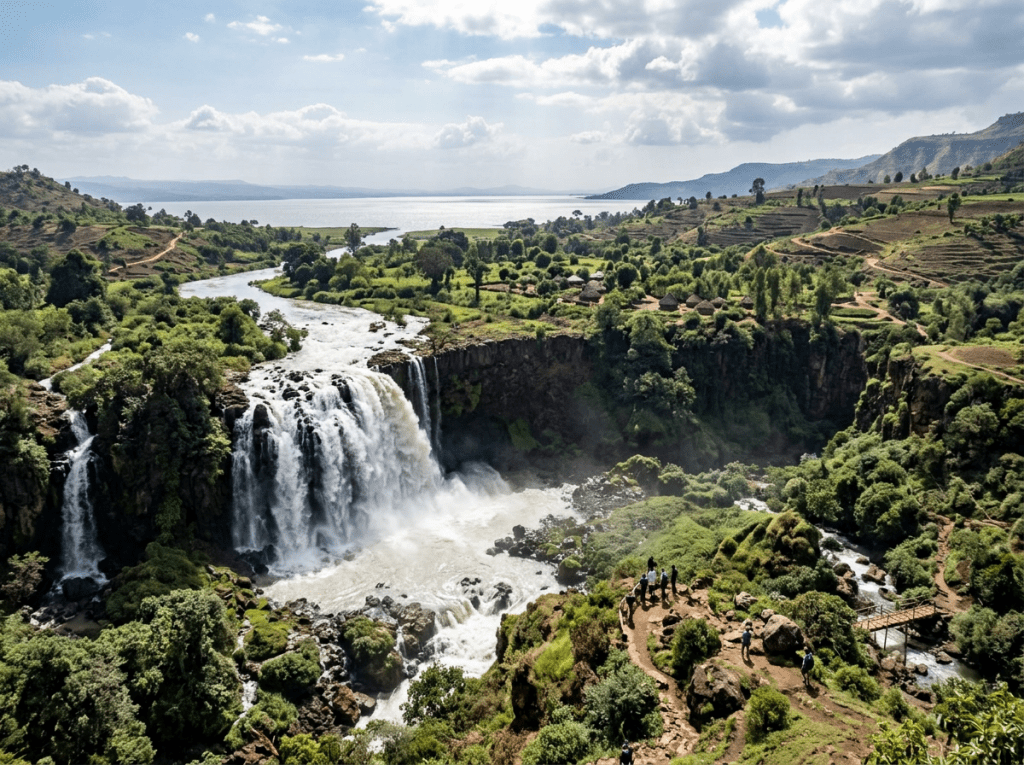 Waterfall cascading into rocky pool with green vegetation and visitors nearby