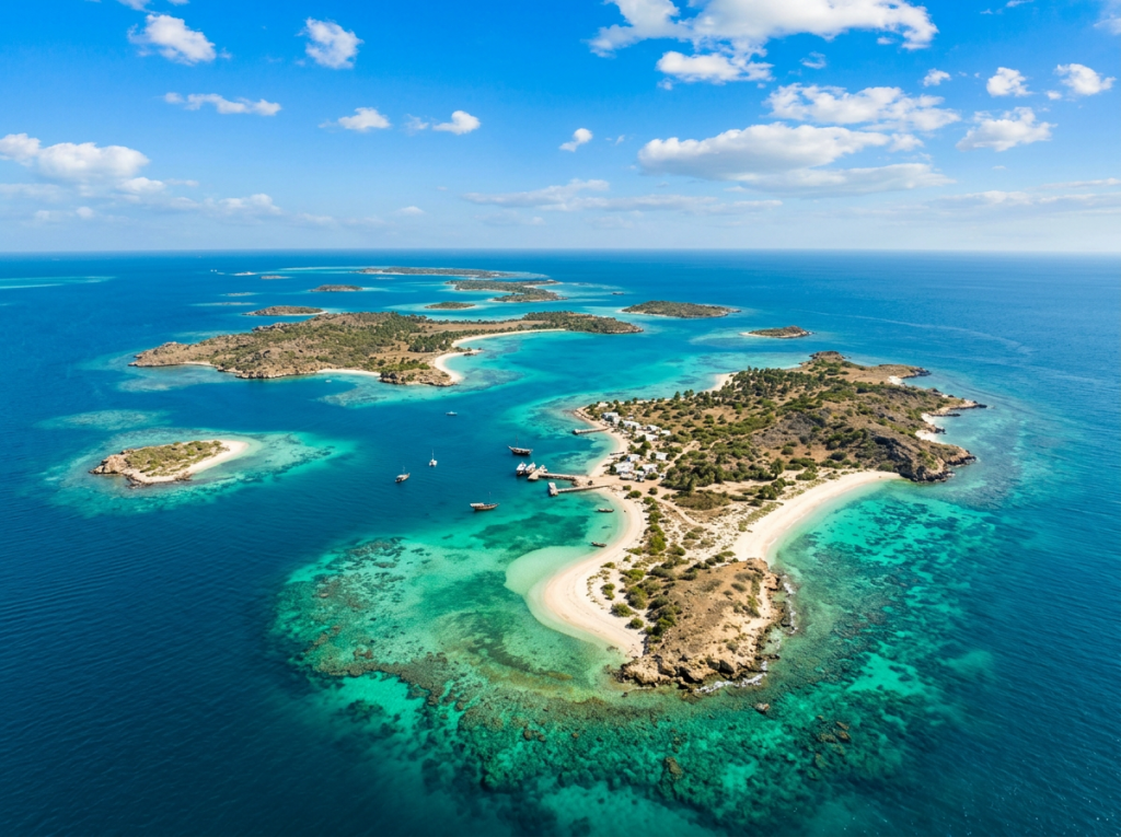 Aerial view of several tropical islands with turquoise waters and sandy beaches