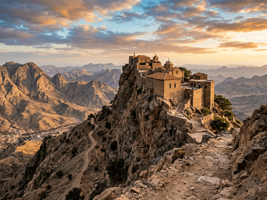 Stone monastery complex on steep rocky mountain peak with mountainous landscape in background