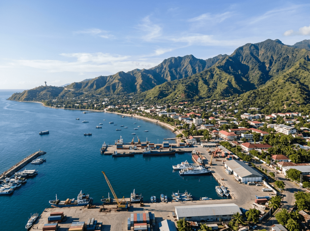 A coastal port with cargo ships docked, numerous boats in the water, and a town backed by green mountains under a blue sky