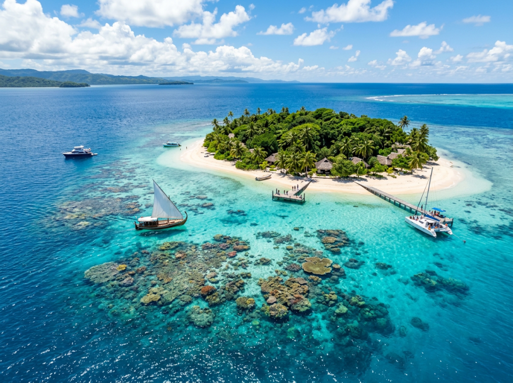 A small tropical island with lush greenery and palm trees surrounded by turquoise water featuring visible coral reefs and several boats