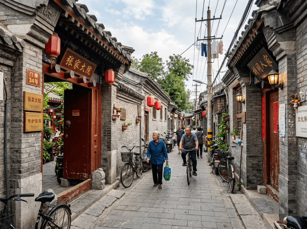 Narrow Beijing hutong street with gray brick walls, red lanterns, people walking and cycling