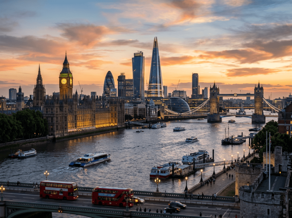 London skyline at sunset with River Thames, Big Ben, Tower Bridge, and modern skyscrapers