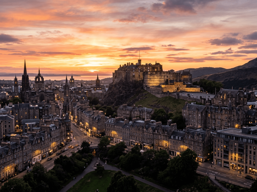 Edinburgh Castle illuminated at sunset overlooking city streets and historic buildings