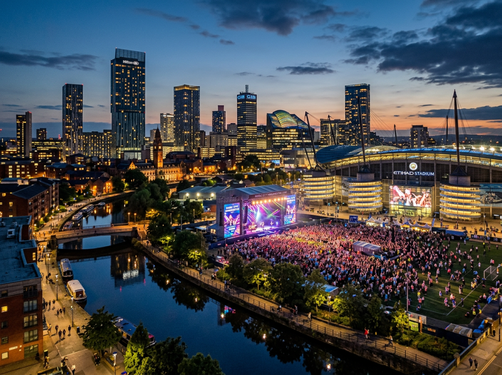 Crowd attending outdoor concert near Etihad Stadium in Manchester at dusk with city skyline