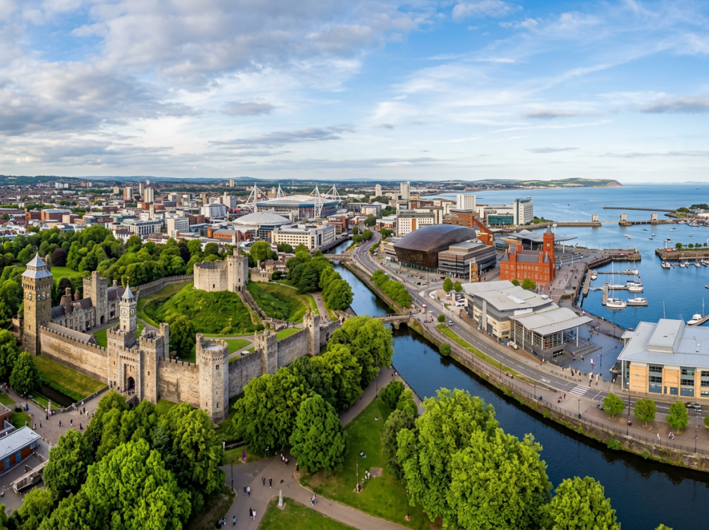 Aerial view of Cardiff Castle surrounded by green trees with city buildings and Cardiff Bay harbor in the background
