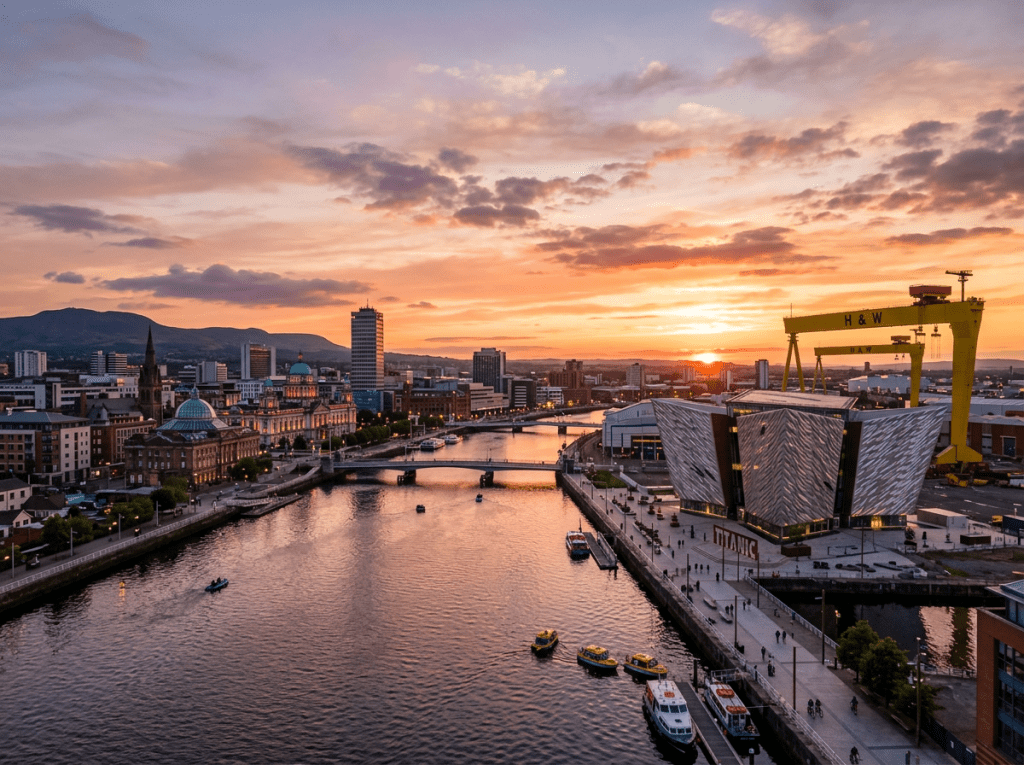Belfast city skyline at sunset with River Lagan, Titanic Quarter, and cranes