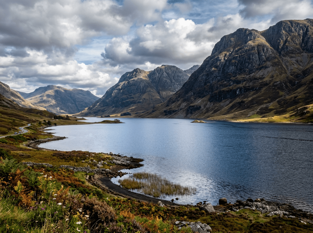 Mountain lake with rocky shores and cloudy sky