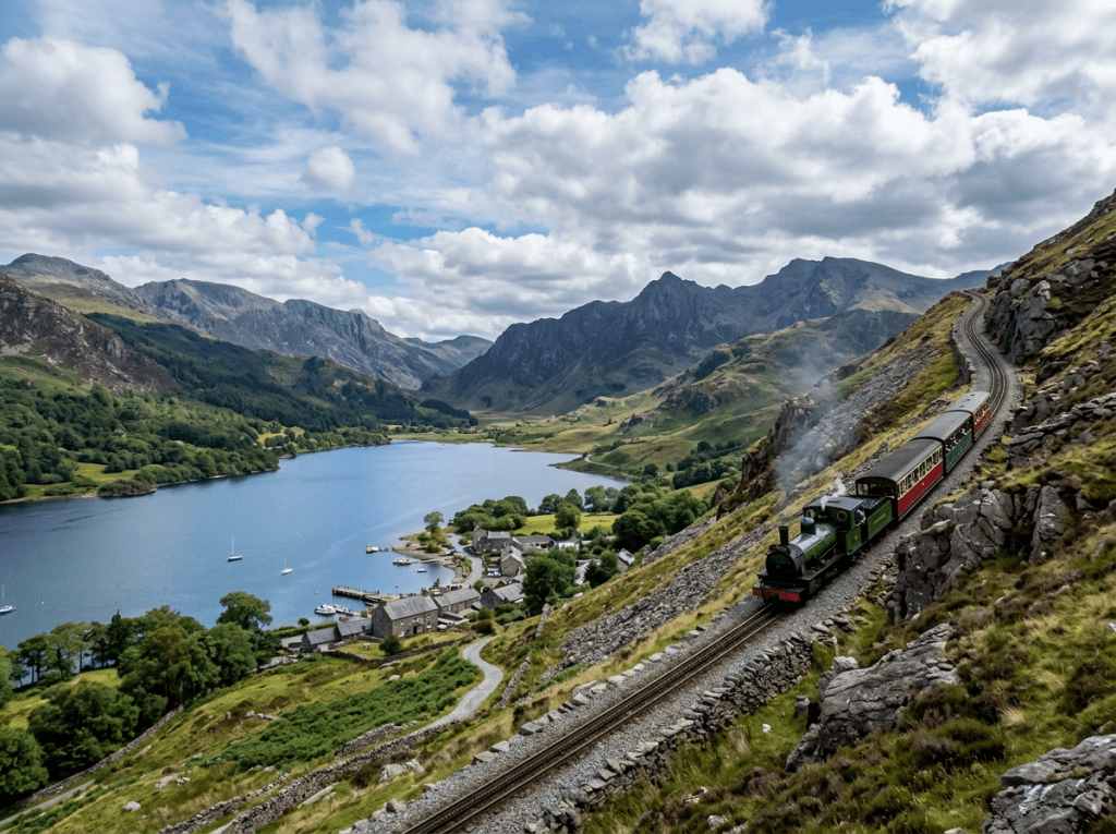 Steam train on a mountainside railway next to lake and village