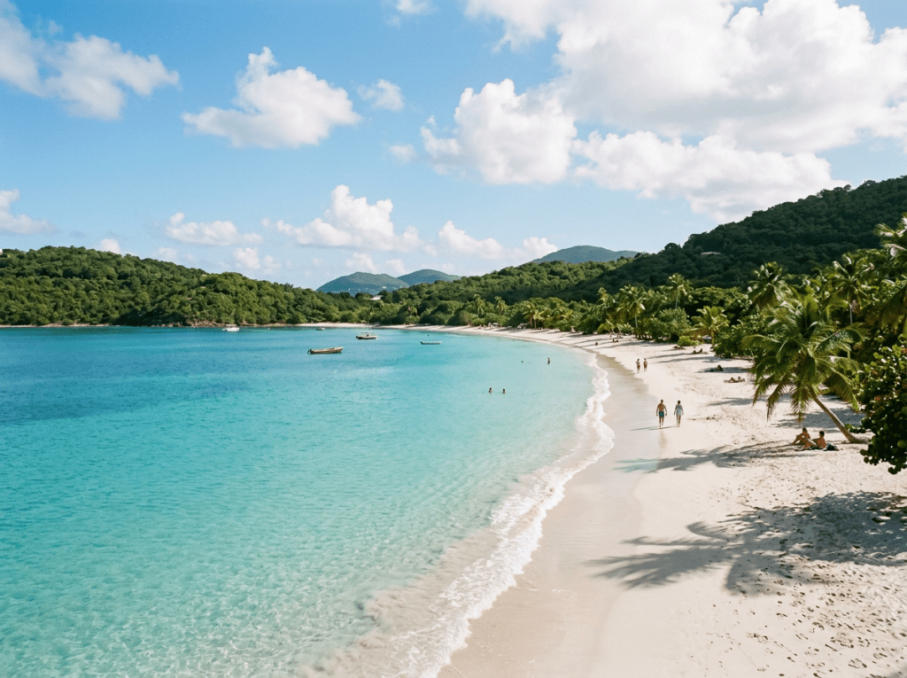 Clear turquoise ocean water meeting white sandy beach with palm trees