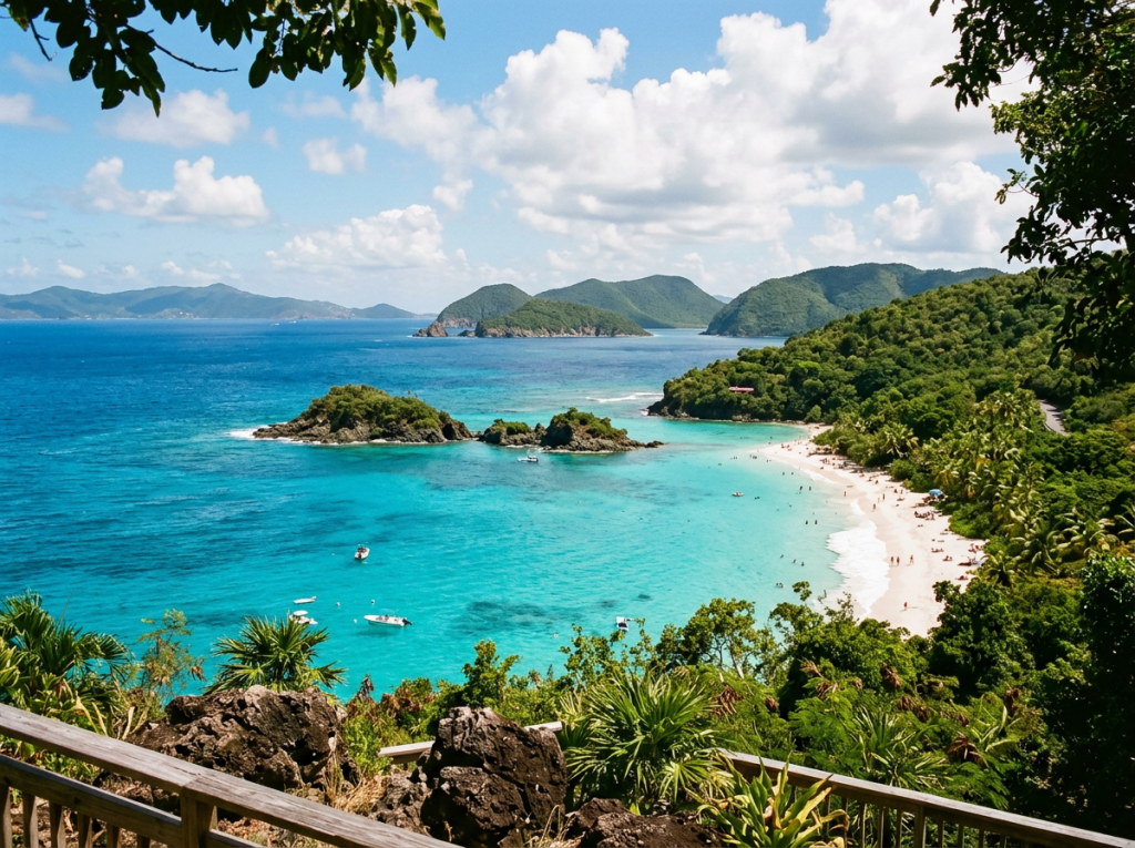 Scenic view of a tropical bay with turquoise waters, small islands, and a sandy beach