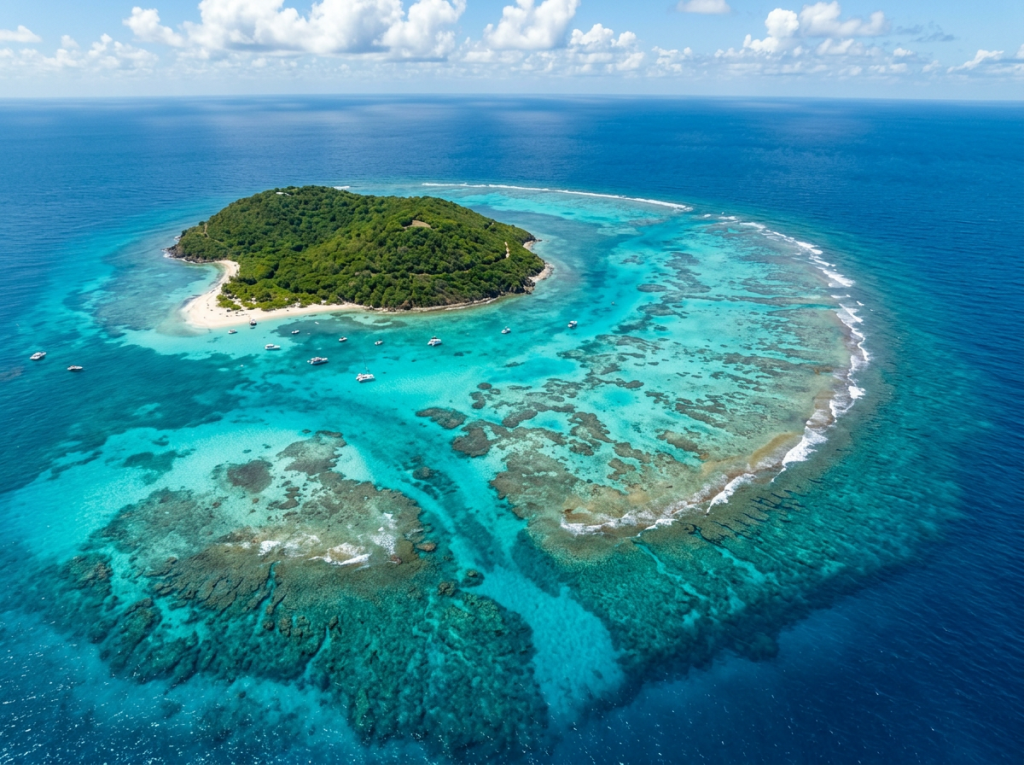 A green tropical island encircled by clear turquoise water and coral reefs with multiple boats anchored near the shore