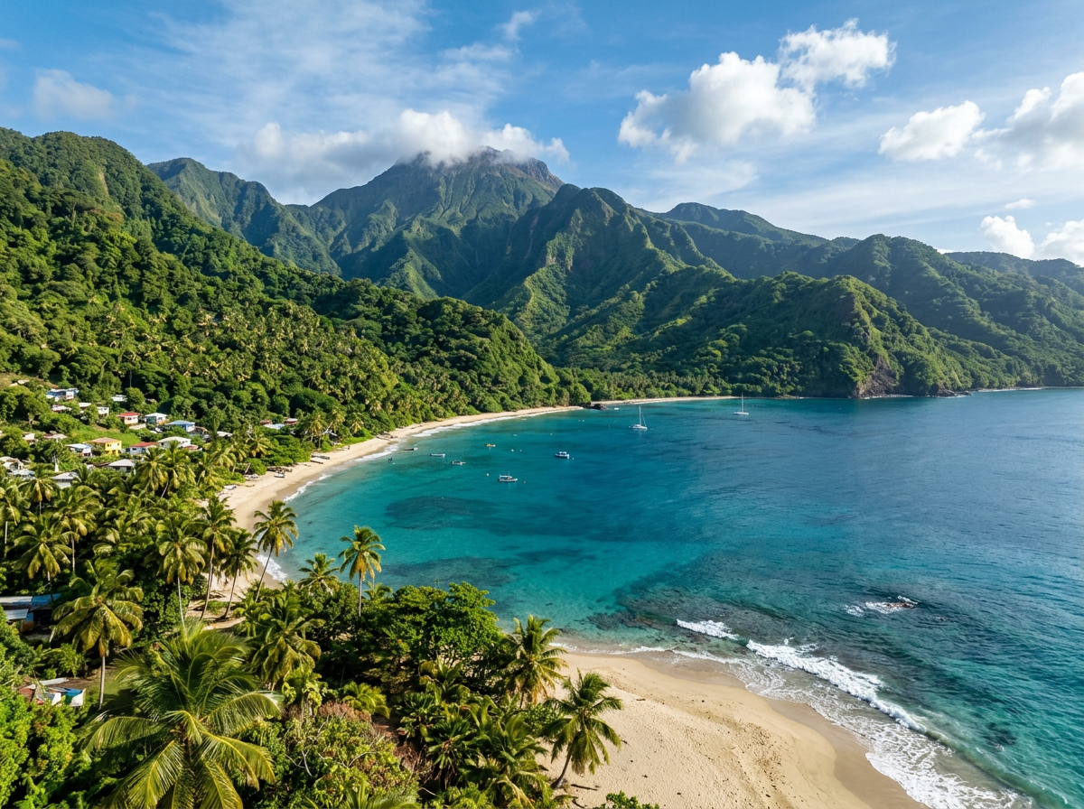 Tropical beach with clear blue water, sandy shore, palm trees, and green mountains